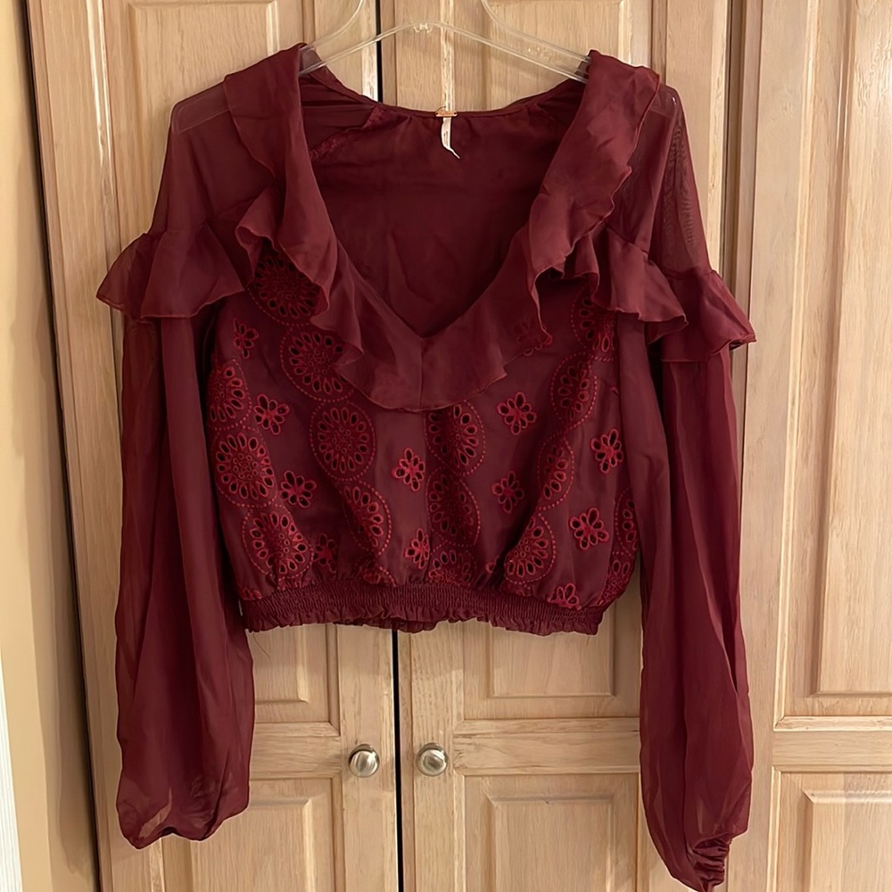 Free People wine colored chiffon ruffle sleeve top